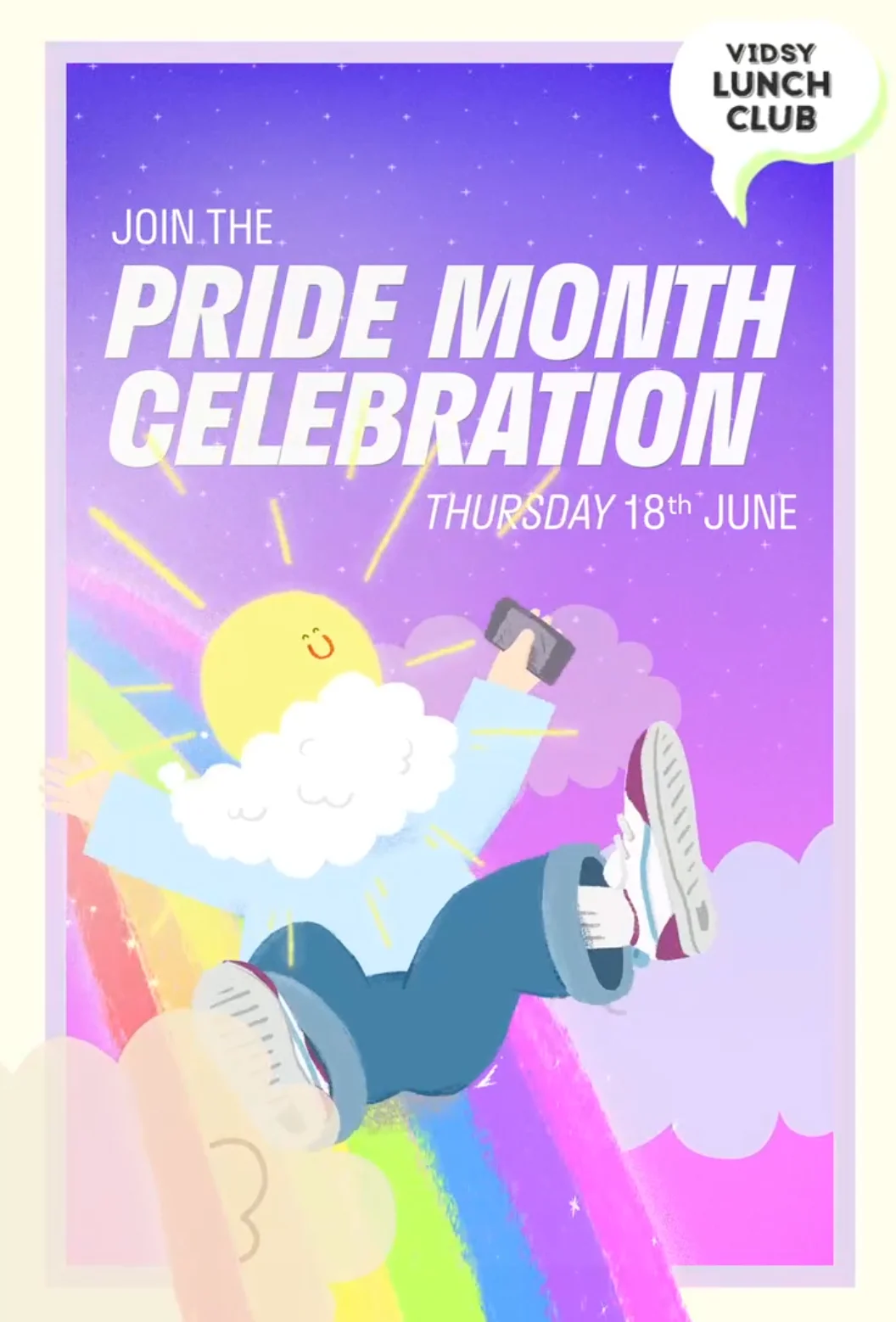 Vidsy Lunch Club poster inviting the team to a Pride Month celebration on Thursday 18th June